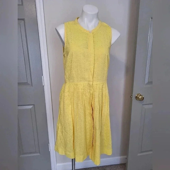 J.Crew Yellow Eyelet Lace Button Down Sleeveless Fit/Flare Lined Shirt Dress(6) - Picture 1 of 8